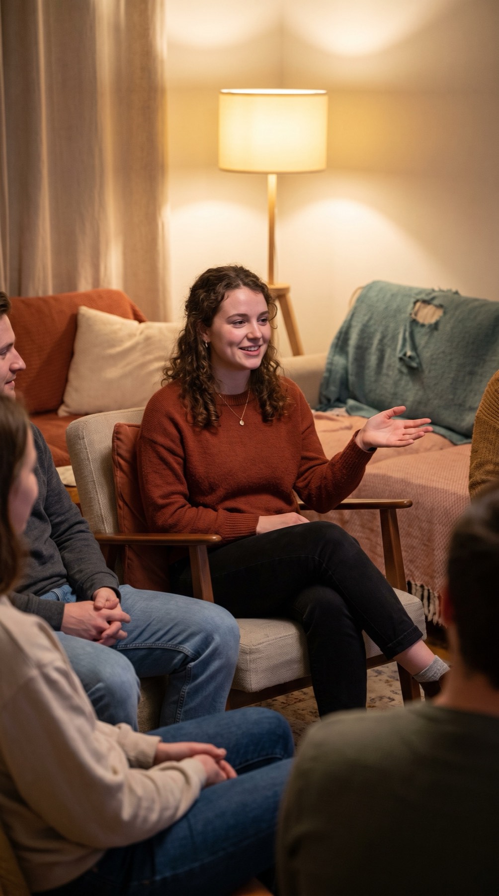 Still from a short-form video of a young woman leading a small group discussion in a warm living room.