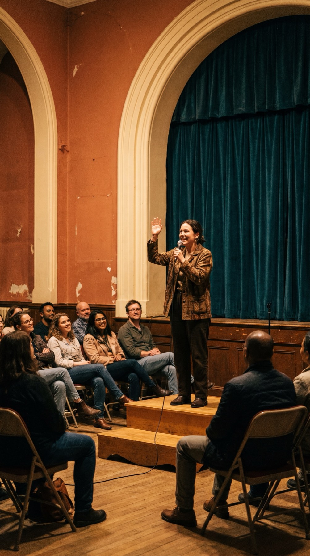Still from a short-form sermon clip of a speaker on stage mid-gesture.
