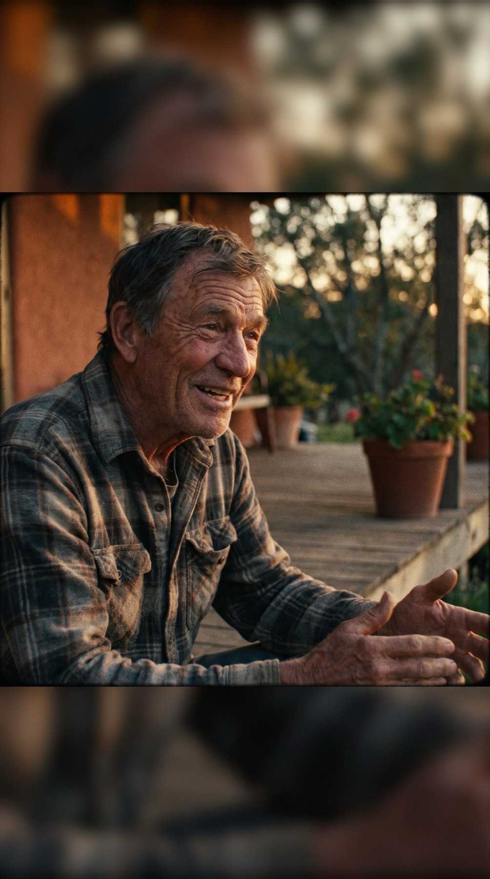 Still from a short-form video of a man sharing a personal testimony on a porch at golden hour.