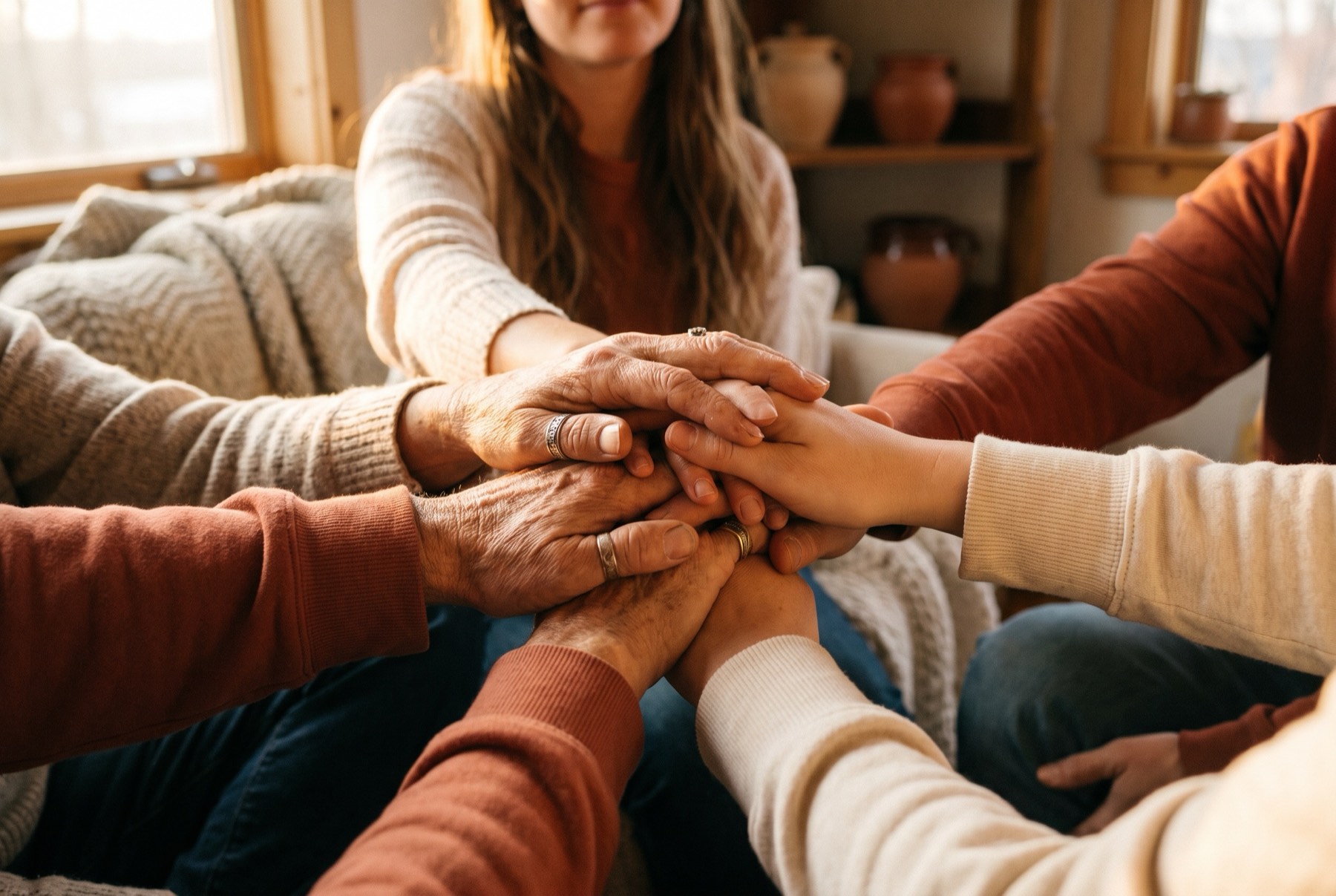 Close-up of hands from different generations stacked together in a warm circle of fellowship.