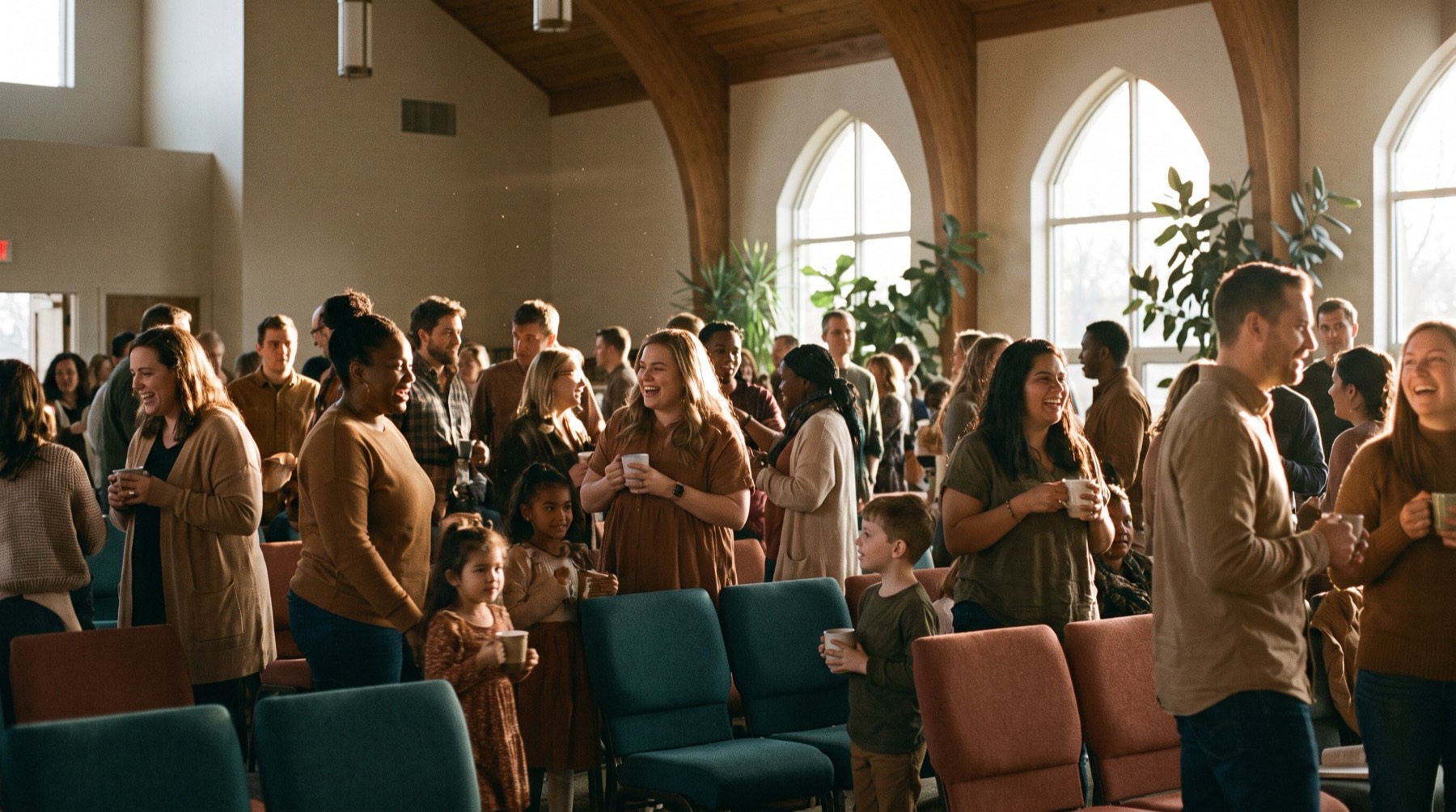 Warm golden-hour photo of the Union Point community gathered and laughing together after a Sunday service.