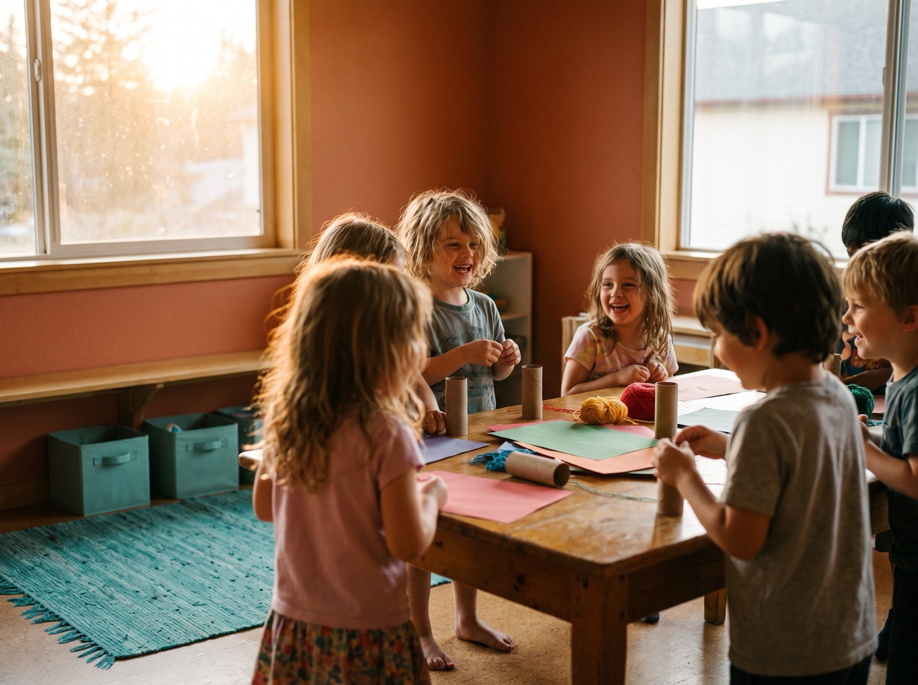 Children laughing over a craft table in a bright, warm classroom at Union Point.