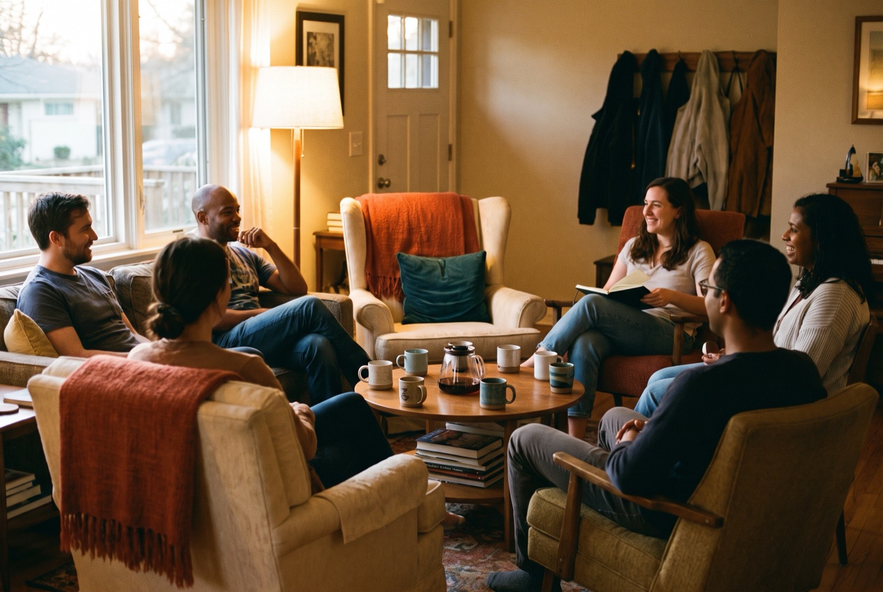 Six adults in a cozy living room having a warm small group discussion at dusk.