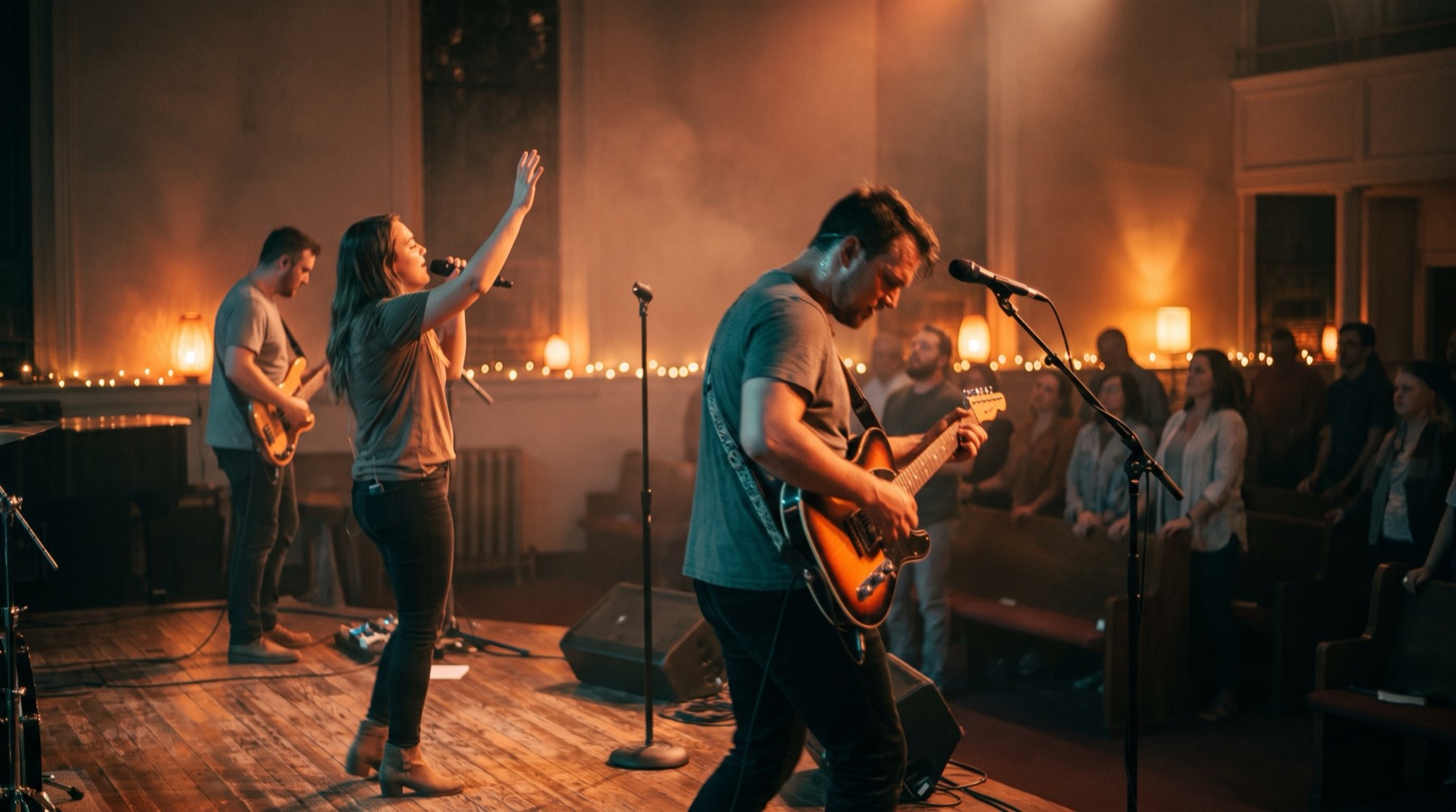 A small worship band mid-song under warm amber stage lighting.