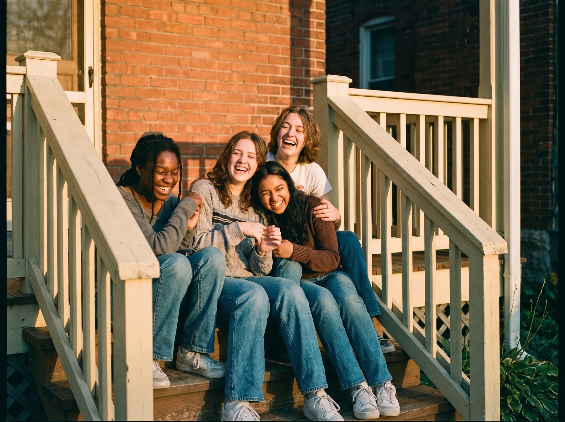 A small group of teenagers laughing together on porch steps at golden hour.